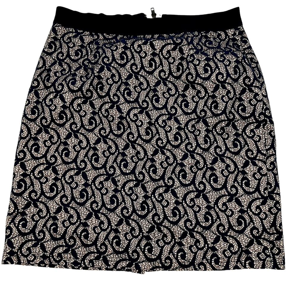 SOLITAIRE‎ Large Navy Blue Lace Overlay Tan Lined knee length skirt Ravi Khosla